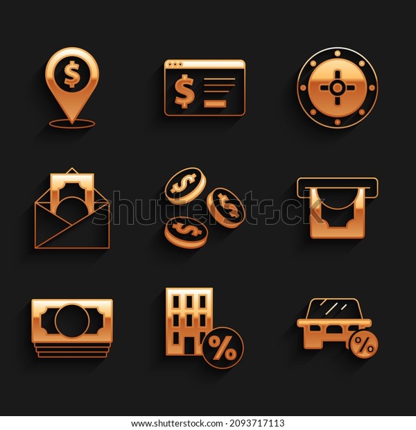 Set Coin money with dollar, House\
percant discount, Car leasing percent, ATM and, Stacks paper cash,\
Envelope symbol, Safe and Cash location icon.\
Vector