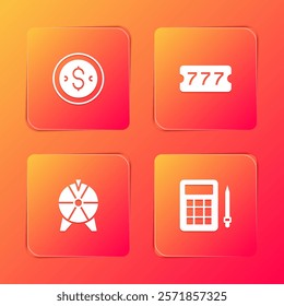 Set Coin money with dollar, Lottery ticket, Lucky wheel and Bingo card icon. Vector