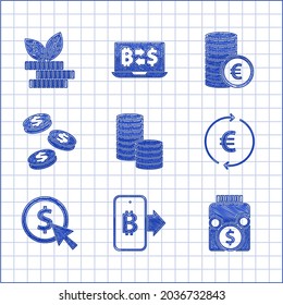 Set Coin money with dollar, Mining bitcoin from mobile, Glass jar, euro symbol,  and Dollar plant icon. Vector