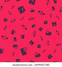 Set Coin money with dollar, Percent discount and laptop, Discount percent tag and Financial growth euro coin on seamless pattern. Vector