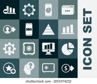 Set Coin money with dollar, Pie chart infographic, Mobile phone, SEO optimization, Job promotion,  and Pyramid infographics icon. Vector