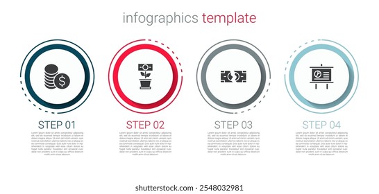 Set Coin money with dollar, Money plant the pot, Tearing banknote and Chalkboard diagram. Business infographic template. Vector