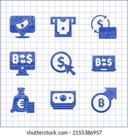 Set Coin money with dollar, Stacks paper cash, Financial growth and bitcoin, Cryptocurrency exchange, euro symbol, Credit card and  icon. Vector