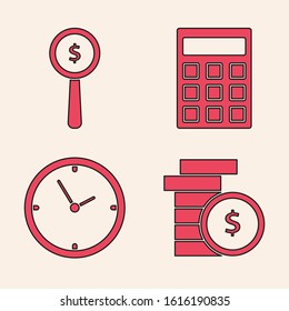 Set Coin money with dollar symbol, Magnifying glass and dollar symbol, Calculator and Clock icon. Vector