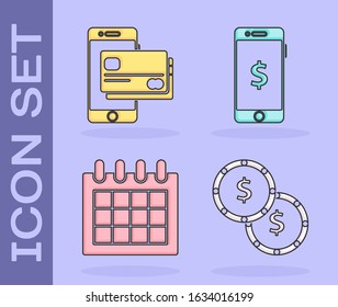 Set Coin money with dollar symbol, Mobile phone and credit card, Calendar and Smartphone with dollar symbol icon. Vector