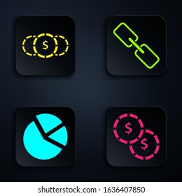 Set Coin money with dollar symbol, Coin money with dollar symbol, Pie chart infographic and Chain link. Black square button. Vector