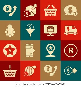 Set Coin money with dollar symbol, Armored truck, Shopping basket, Lead management, Arrow growth gear business, Telephone handset and speech bubble chat and Online shopping concept icon. Vector