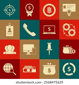 Set Coin money with dollar symbol, Wallet coins, Gear and arrows as workflow process concept, Cryptocurrency Bitcoin, Telephone handset, Identification badge, Target and Laptop icon. Vector