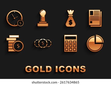 Set Coin money with dollar symbol, File document, Pie chart infographic, Calculator, Money bag, Time is and Stamp icon. Vector