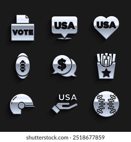 Set Coin money with dollar, USA Independence day, Baseball ball, Potatoes french fries box, helmet, American Football,  and Vote icon. Vector