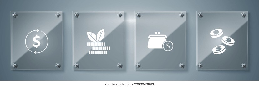 Set Coin money with dollar, Wallet coins, Dollar plant and Financial growth and. Square glass panels. Vector