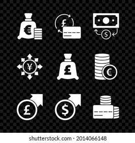 Set Coin money with euro symbol, Credit card, Stacks paper cash, Financial growth and pound, dollar, Yen and  icon. Vector