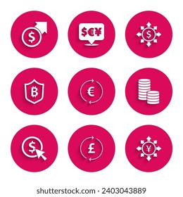 Set Coin money with euro symbol, pound, Yen, dollar, Shield bitcoin, Dollar, share, network and Financial growth and icon. Vector