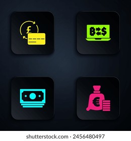 Set Coin money with euro symbol, Credit card, Stacks paper cash and Cryptocurrency exchange. Black square button. Vector