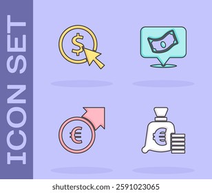 Set Coin money with euro symbol, dollar, Financial growth and and Stacks paper cash icon. Vector