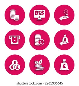 Set Coin money with pound, Dollar plant, Hand holding bag, Currency exchange, ATM,  and dollar icon. Vector