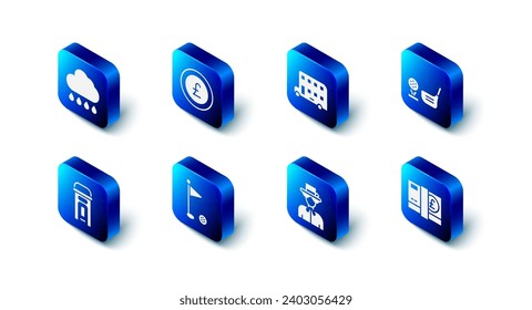 Set Coin money with pound, Double decker bus, Golf club ball tee, Pound sterling, Queen Elizabeth, flag, London phone booth and Cloud rain icon. Vector