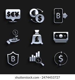 Set Coin money with pound, Pie chart and dollar, Financial growth, Stacks paper cash, Shield bitcoin, Dollar plant, Mining from mobile and Currency exchange icon. Vector