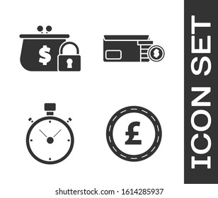 Set Coin money with pound sterling symbol, Closed wallet with lock, Stopwatch and Bright stadium lights icon. Vector