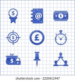 Set Coin Money With Pound Sterling Symbol, Push Pin, Project Team Base, Stopwatch, Closed Wallet Lock, Target Dollar, Stacks Paper Cash And Reward For Good Work Icon. Vector