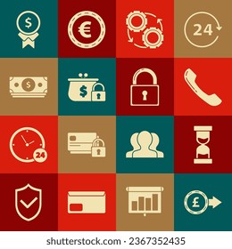 Set Coin money with pound sterling symbol, Telephone handset, Gear arrows workflow process concept, Closed wallet lock, Stacks paper cash, Reward for good and Lock icon. Vector