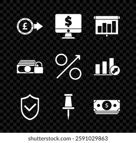 Set Coin money with pound sterling symbol, schedule, chart, diagram, infographic, pie graph, Shield check mark, Push pin, Stacks paper cash, Money lock and Percent up arrow icon. Vector