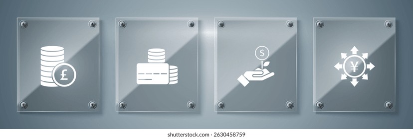 Set Coin money with Yen, Dollar plant, Credit card and pound. Square glass panels. Vector