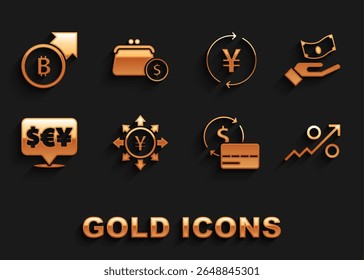 Set Coin money with Yen, Hand holding, Percent up arrow, Credit card, Currency exchange, Financial growth bitcoin and Wallet coins icon. Vector