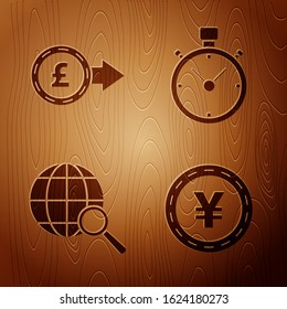 Set Coin money with Yen symbol, Coin money with pound sterling symbol, Magnifying glass with globe and Stopwatch on wooden background. Vector