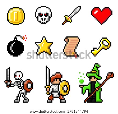 Set of coin, monster head, sword, heart, bomb, star, scroll, key, skeleton, knight with swords and shields, wizard portrait. Pixel elements, heroes 8bit objects. Videogame of 80s isolated at white