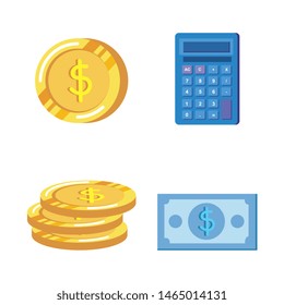 set of coins and bill cash money with calculator