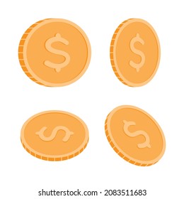 A set of coins in a cartoon style in different rotated positions. Vector image for web design.