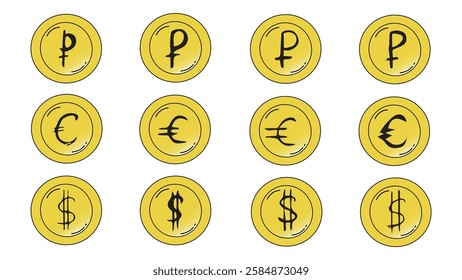 Set of coins in cartoon style, symbols of different currencies dollar euro ruble, yellow broom coins on a white background with a hand drawn dollar sign, collection of gold coins