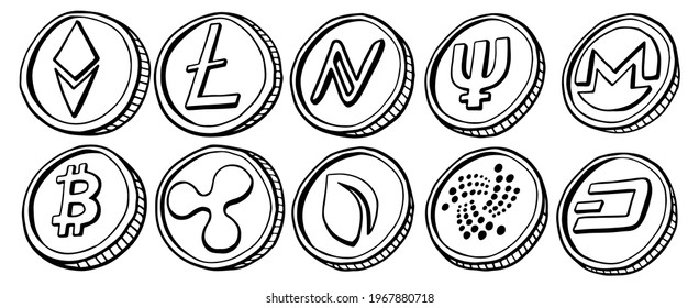 Conjunto de monedas con criptodivisa en forma de doodle aislado