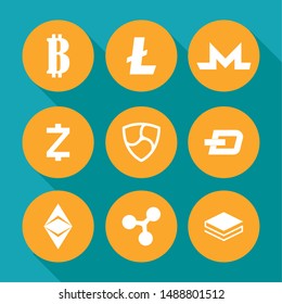 set of coins cryptocurrency money finance flat design vector illustration