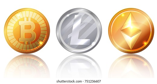 set of coins of crypto-currency on a white background, EPS 10