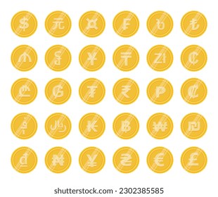 Set of coins with currency signs. Universal designations of world currencies