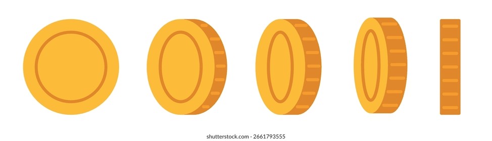 Conjunto de monedas en diferentes ángulos. Ilustración vectorial moderna aislada en el fondo blanco, diseño plano