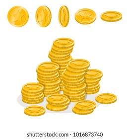 Set of coins in different positions and coins stacked in piles on a white background. Vector illustration.