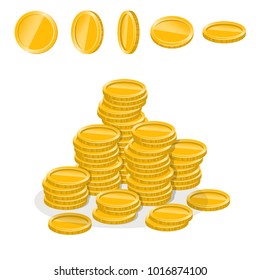 Set of coins in different positions and coins stacked in piles on a white background. Vector illustration.