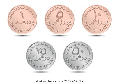 Set of coins, dirhams of Qatar. Coins side isolated on white background. Vector.