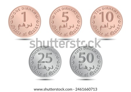 Set of coins, dirhams of Qatar. Coins side isolated on white background. Vector.