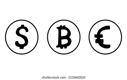 set of coins with dollar, euro and bitcoin symbols hand drawn in doodle style. 