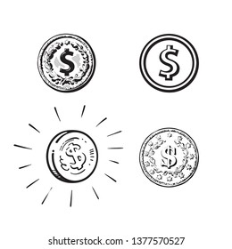 Set of coins with dollar sign in different styles. Engraving, cartoon. sketch, flat icon. Hand drawn cartoon vector illustration isolated on white background. Money cash finance wealth symbol.