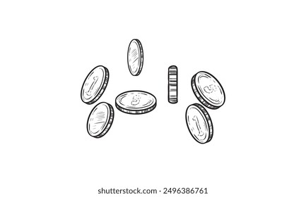 Set of coins with dollar symbol in different positions. Black and white sketch of shining metal money at different angles. Hand drawn vector illustration isolated on white background.