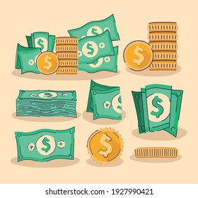 conjunto de monedas y dólares diseño de ilustraciones vectoriales