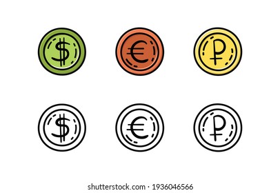 A set of coins in the doodle style. Euro, dollar, ruble. Money.