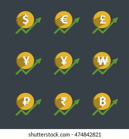 Set of coins and finance graph, currency rising, dollar, euro, pound sterling, yen, yuan, won, rubles, rupee, thai baht. Vector illustration.