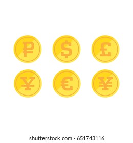 Set of coins. Flat design. Rouble, dollar, sterling, yen, euro, yuan.