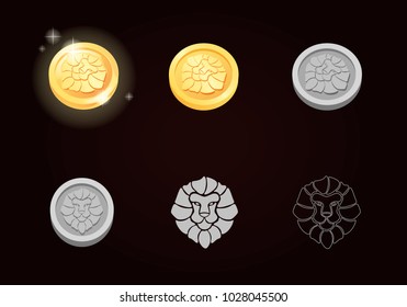 Set with coins for the game. Vector cartoon illustration of a bunch of mountain of gold coins on a dark background.